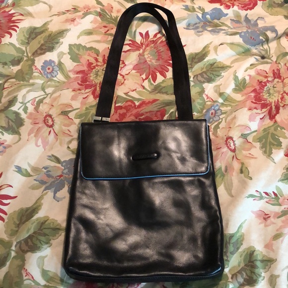 PIQUADRO Urban Cross-Body 100% Leather Black Turquoise iPad Tote 3-Sect $239 NEW - Picture 8 of 16